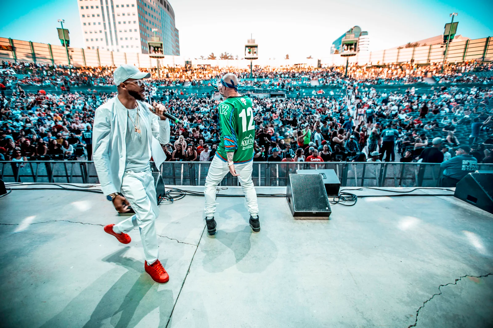 Top Flite Empire performing live at KS1075 Summer Jam in Denver, with Hypnautic and King Tef on stage in front of a packed crowd