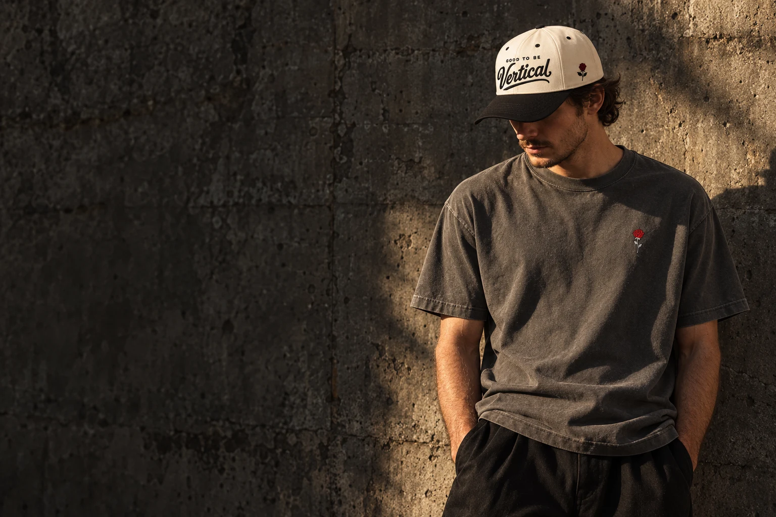 Streetwear styling with the two-tone Vertical cap and Signature Rose Tee