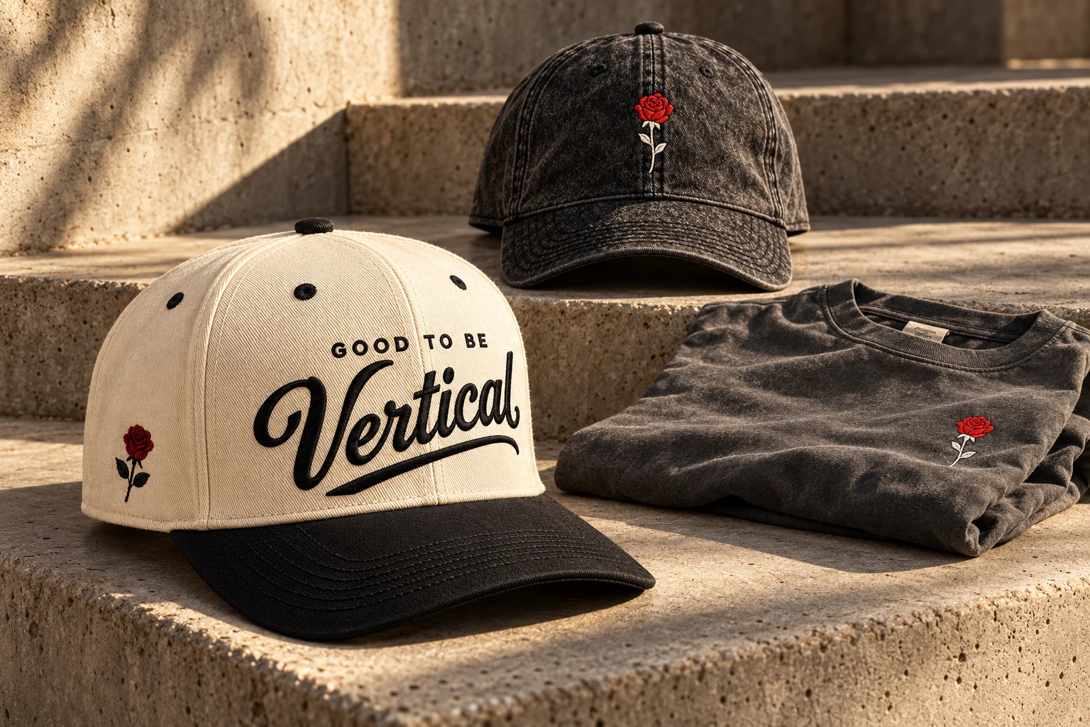 The three-piece rose collection styled on concrete